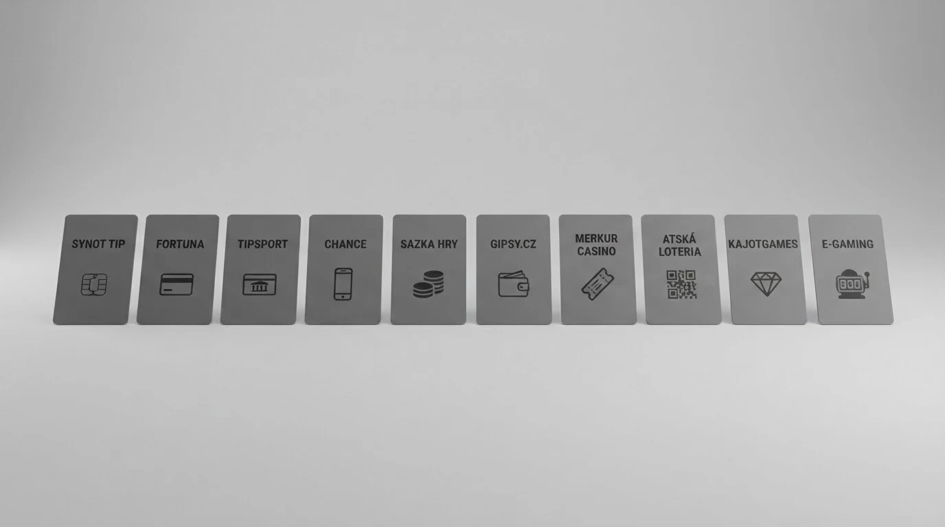 Srovnávací karty deseti licencovaných českých online casin s logy operátorů a ikonou Apple Pay