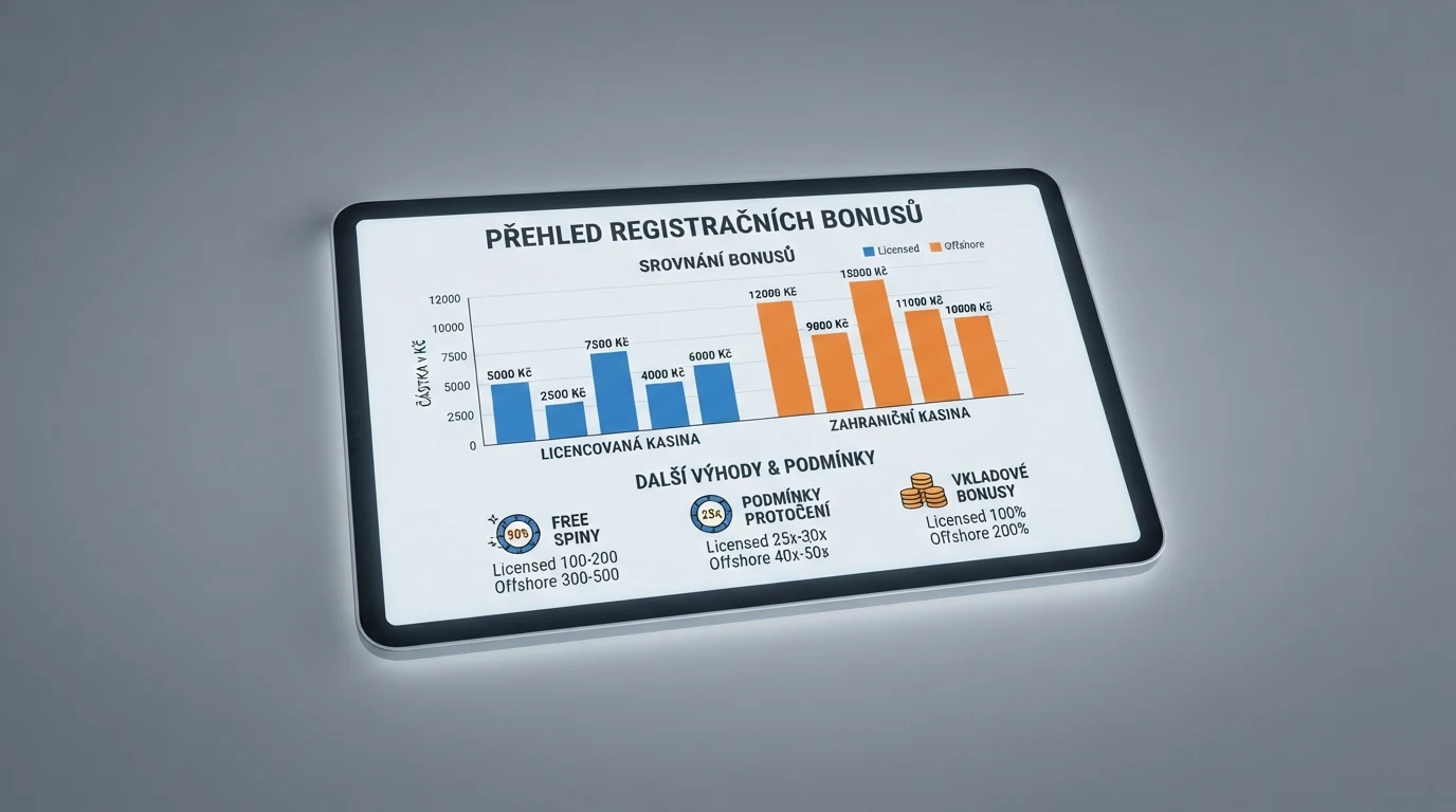 Přehledová infografika srovnávající deset zahraničních casin podle licence, registračního bonusu a free spinů — barevně oddělená casina s licencí MF ČR a offshore casina
