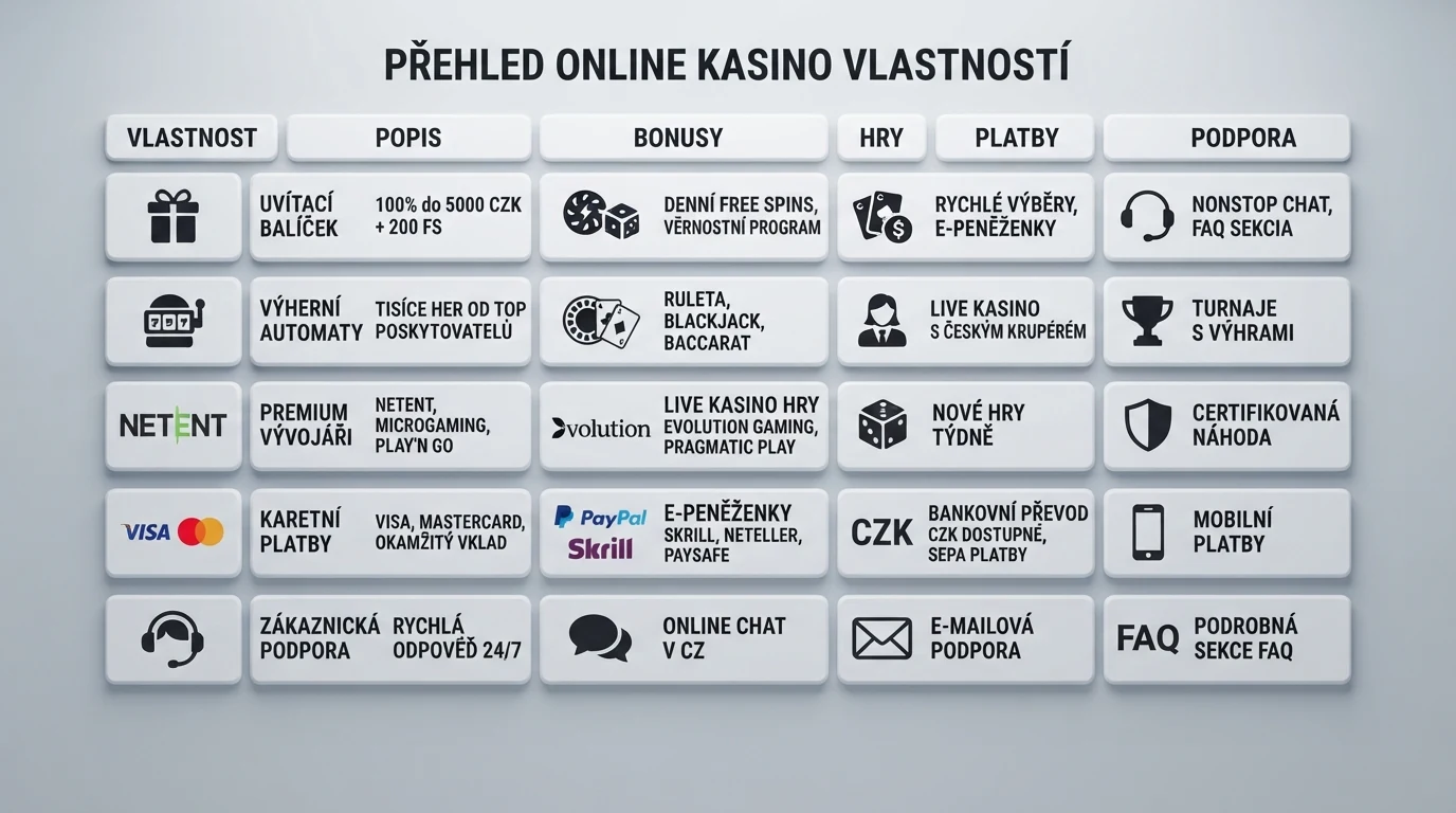 Srovnávací tabulka deseti online casin s údaji o licenci, uvítacím bonusu a free spinech