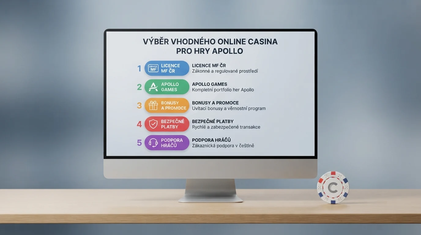 Loga a srovnání pěti kasin s Apollo automaty v přehledné tabulce na monitoru