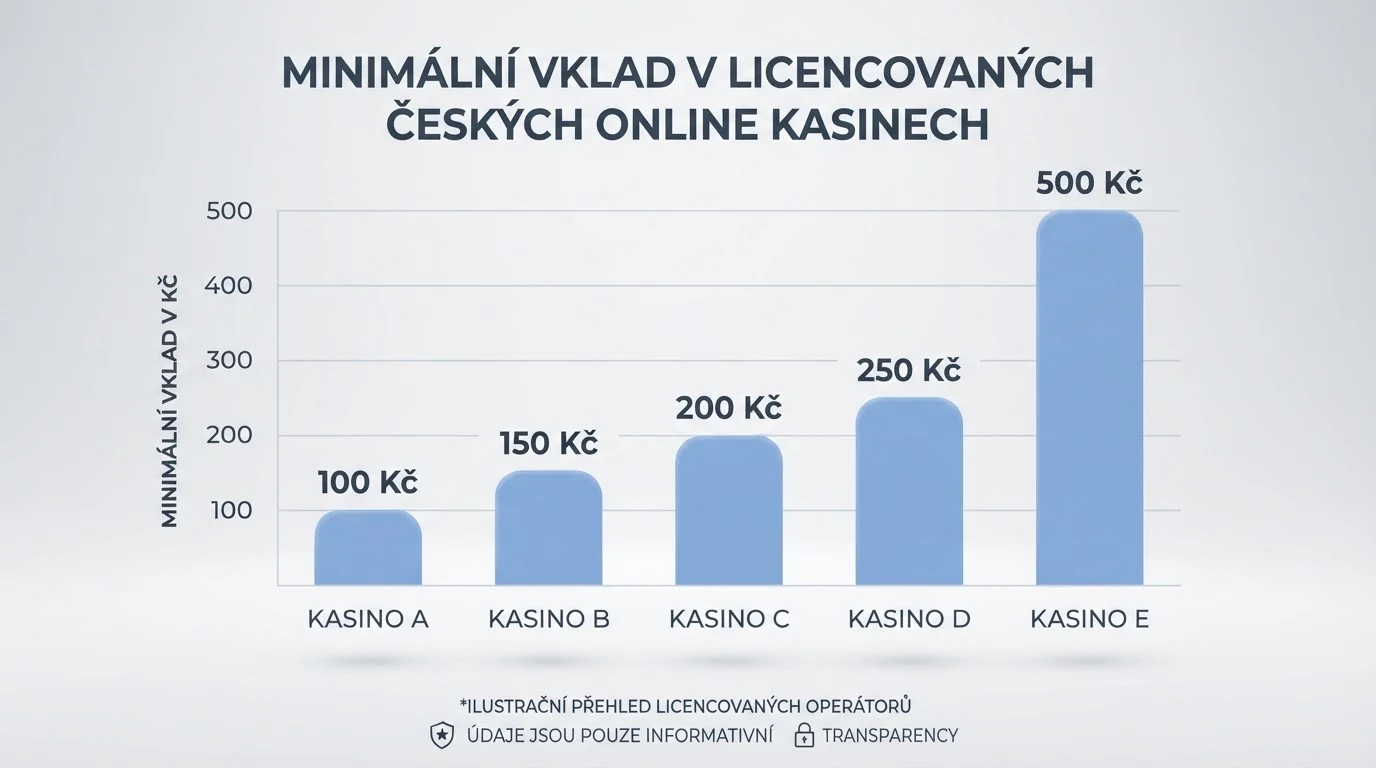 Srovnávací tabulka deseti kasin s logy licencovaných operátorů a barevně odlišenými řádky podle výše minimálního vkladu