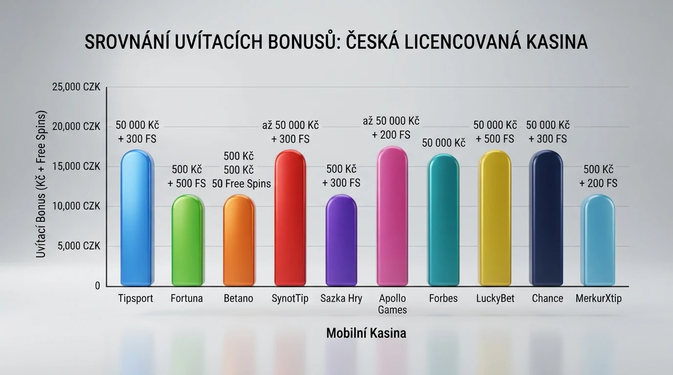 Srovnání uvítacích bonusů napříč deseti českými mobilními casiny — čísla, spiny a podmínky v přehledné infografice