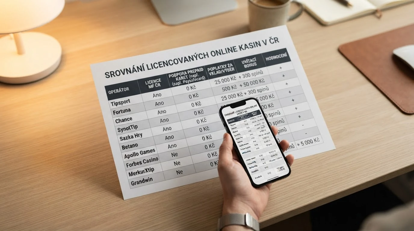 Přehledná tabulka deseti licencovaných operátorů s vyznačením podpory Paysafecard, poplatků a bonusových nabídek