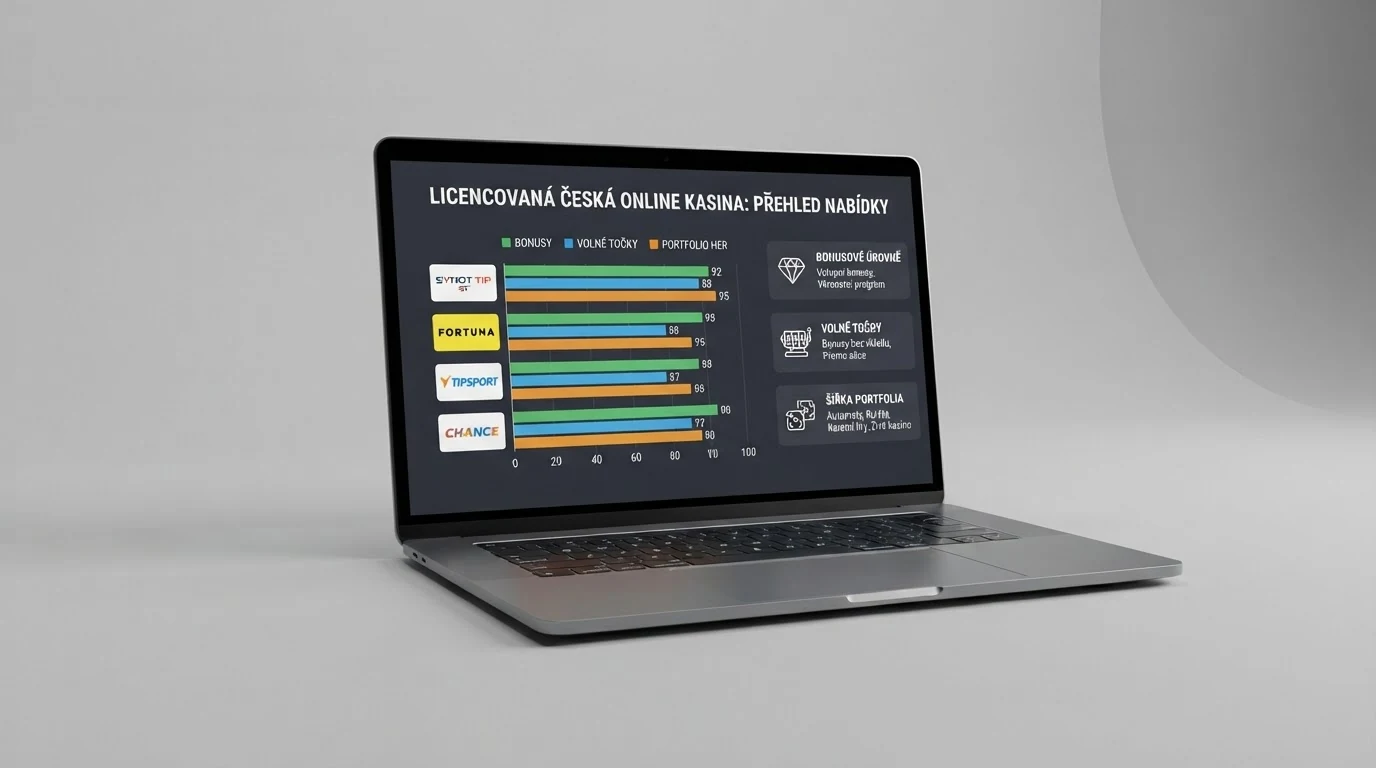 Srovnávací tabulka na monitoru s řádky deseti prověřených kasin a sloupci licence bonus roztočení portfolio