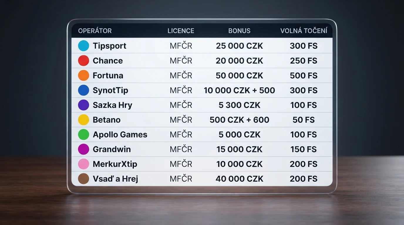 Srovnávací přehled deseti kasin s vkladem 10 € — logo, licence, bonus a free spiny každého operátora