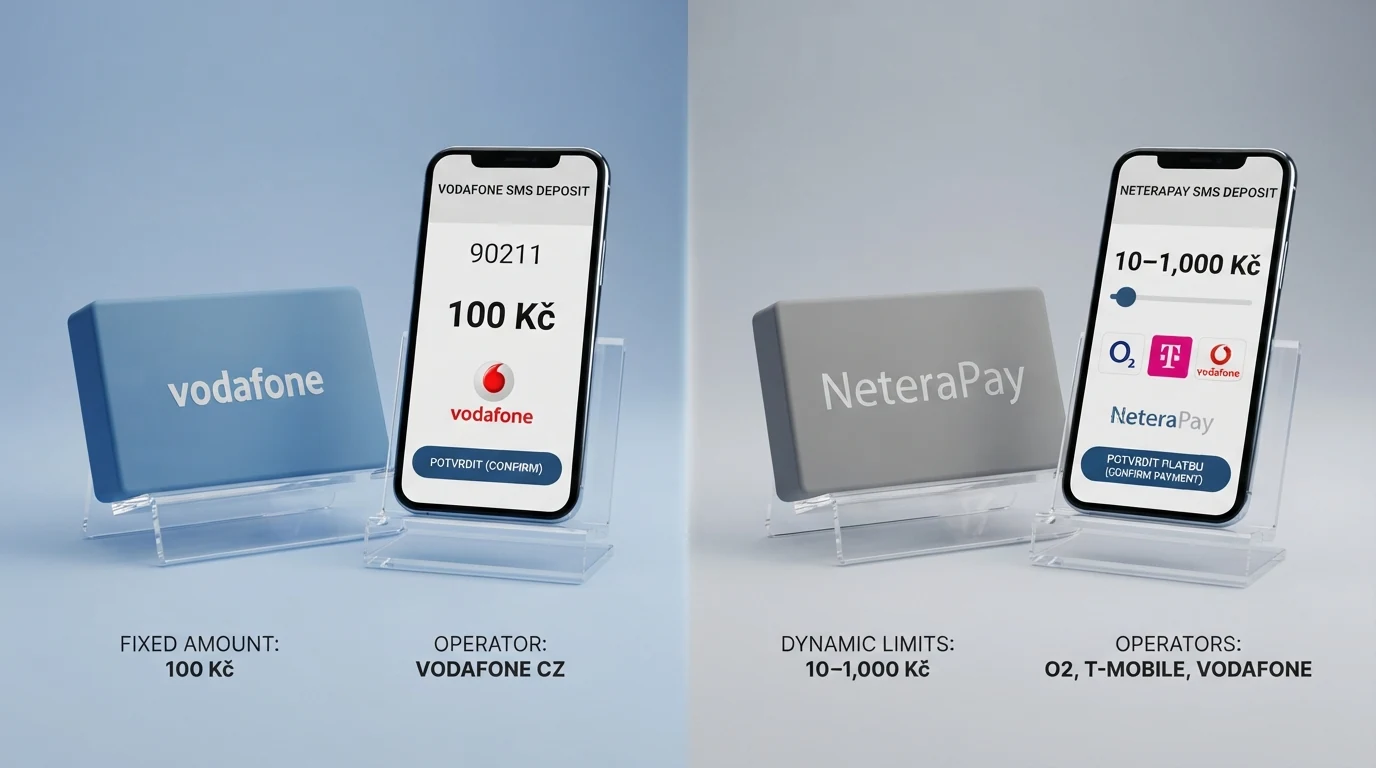 Schéma dvou cest SMS vkladu: přímá Premium SMS přes Vodafone a M-platba přes NeteraPay