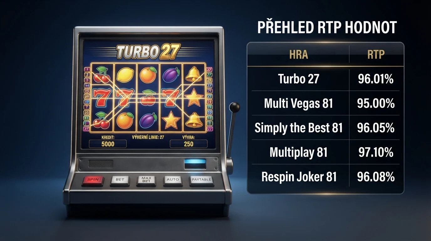 Rozhraní automatu Turbo 27 s vyznačenými 27 výherními liniemi, vedle něj tabulka s hodnotami RTP