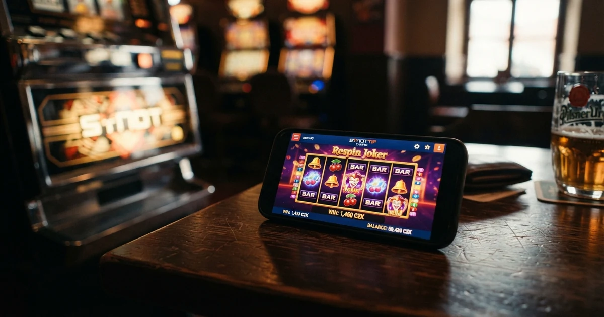 Mobilní telefon s otevřenou casino aplikací na obrazovce, v pozadí část herního automatu