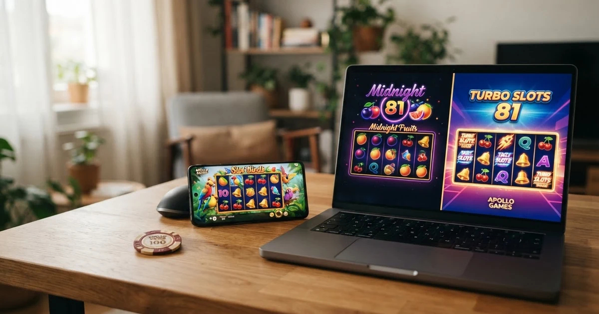 Koláž pěti automatů Apollo Games zobrazených na obrazovce počítače a mobilu