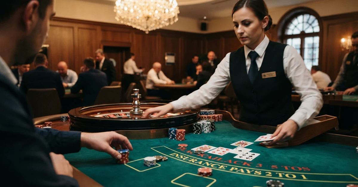 Herní stůl s krupiérem v ostravském kasinu — ruleta nebo black jack pod světly lustru