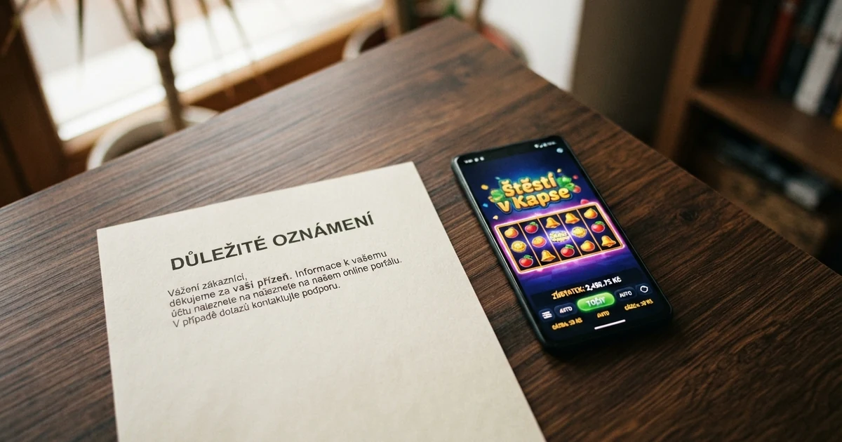 Úřední dokument s razítkem Ministerstva financí ČR vedle displeje zobrazujícího online casino s českou licencí