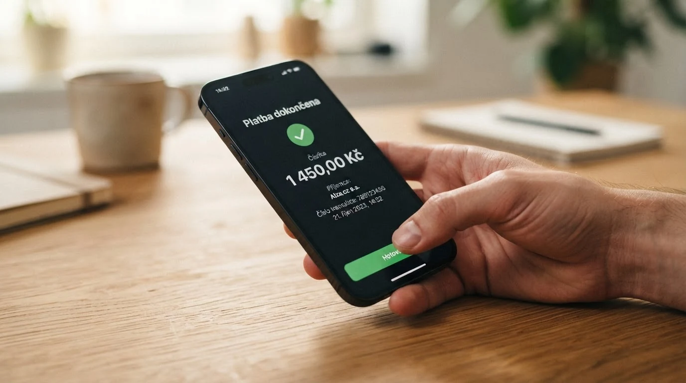 Mobilní telefon zobrazující potvrzovací obrazovku platby přes GoPay