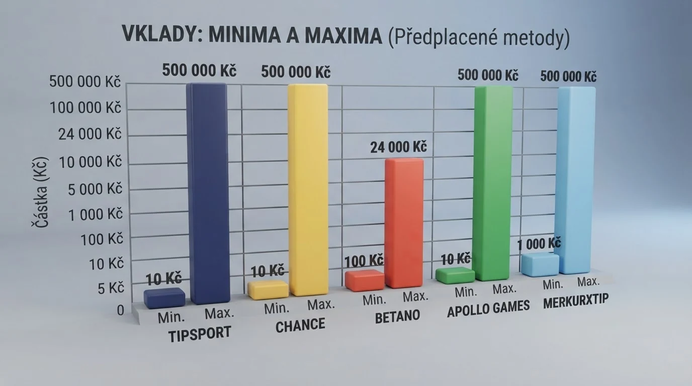 Infografika srovnávající minimální a maximální limity vkladu přes Paysafecard u operátorů Tipsport, Chance, Betano, Apollo a MerkurXtip