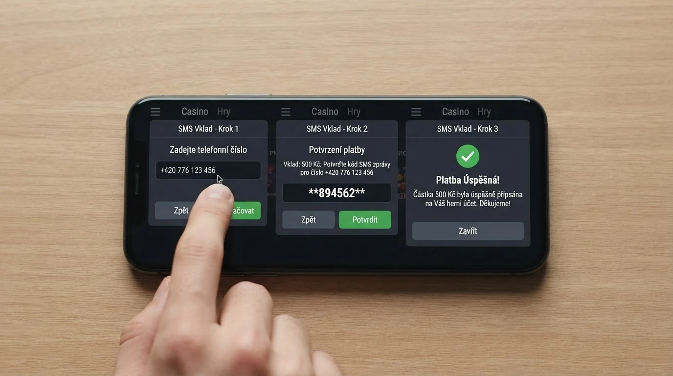 Sekvence kroků vkladu přes SMS v online kasinu na displeji telefonu