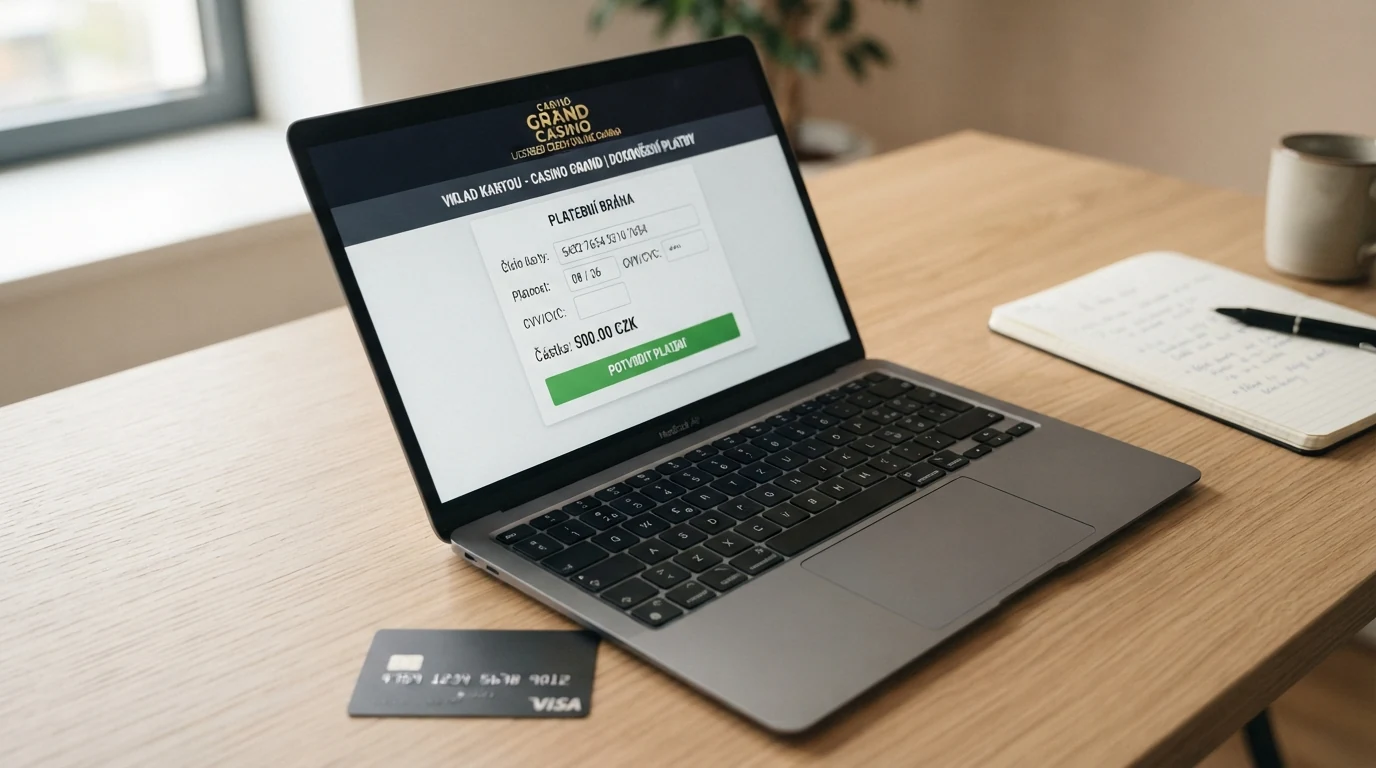 Platební formulář online casina s vyplněnými údaji karty Visa, polem pro CVV a potvrzovacím tlačítkem
