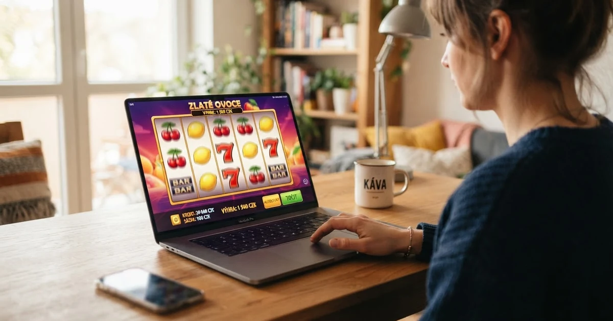 Rozhraní demo režimu online výherního automatu s virtuálními kredity na obrazovce notebooku