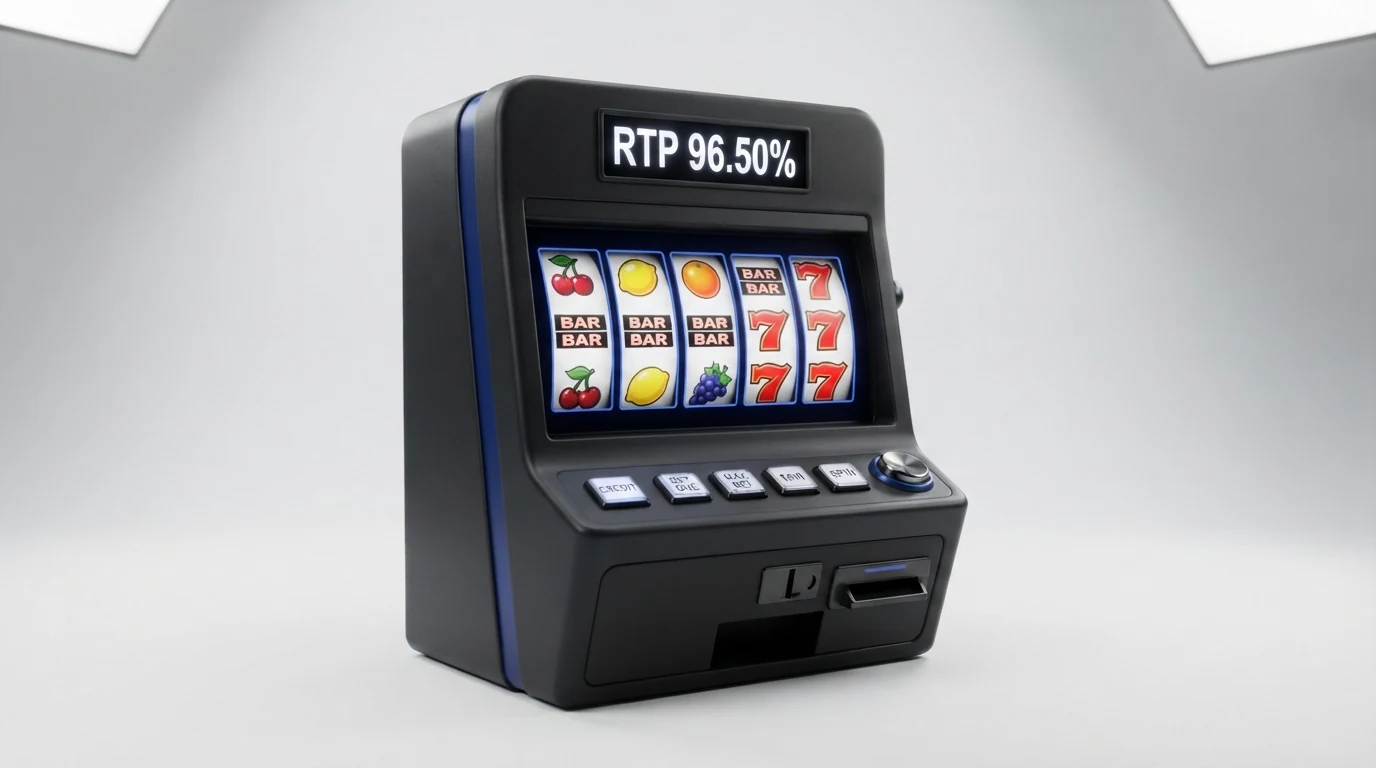 Roztočené válce výherního automatu s viditelnou informací o RTP