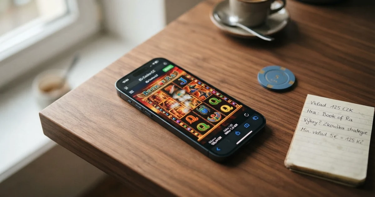 Online casino rozhraní na obrazovce notebooku a mobilního telefonu s nápisem minimální vklad 5 euro a českou vlajkou