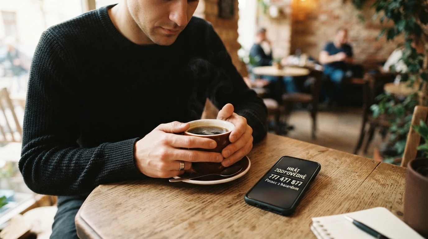 Telefon s vytočeným číslem linky pomoci na displeji, položený na stole vedle šálku kávy — pomoc je na dosah ruky.