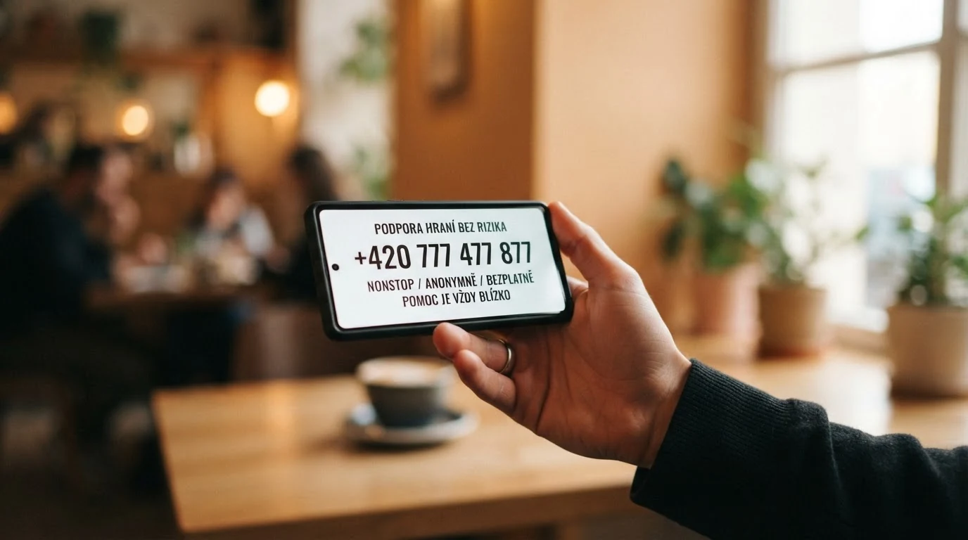 Telefon s číslem linky pomoci +420 777 477 877 na displeji vedle loga Centra Naberte kurz