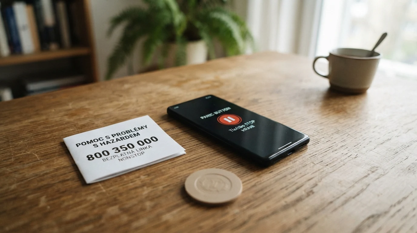 Ikona panic buttonu na displeji telefonu, vedle leták s číslem linky 800 350 000