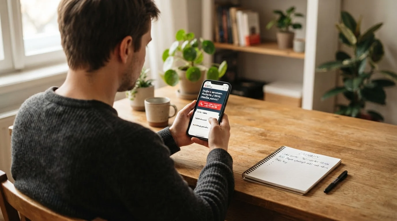 Displej telefonu s otevřenou stránkou Zodpovědné hraní, kontakty na Linku pomoci a tlačítkem panic button